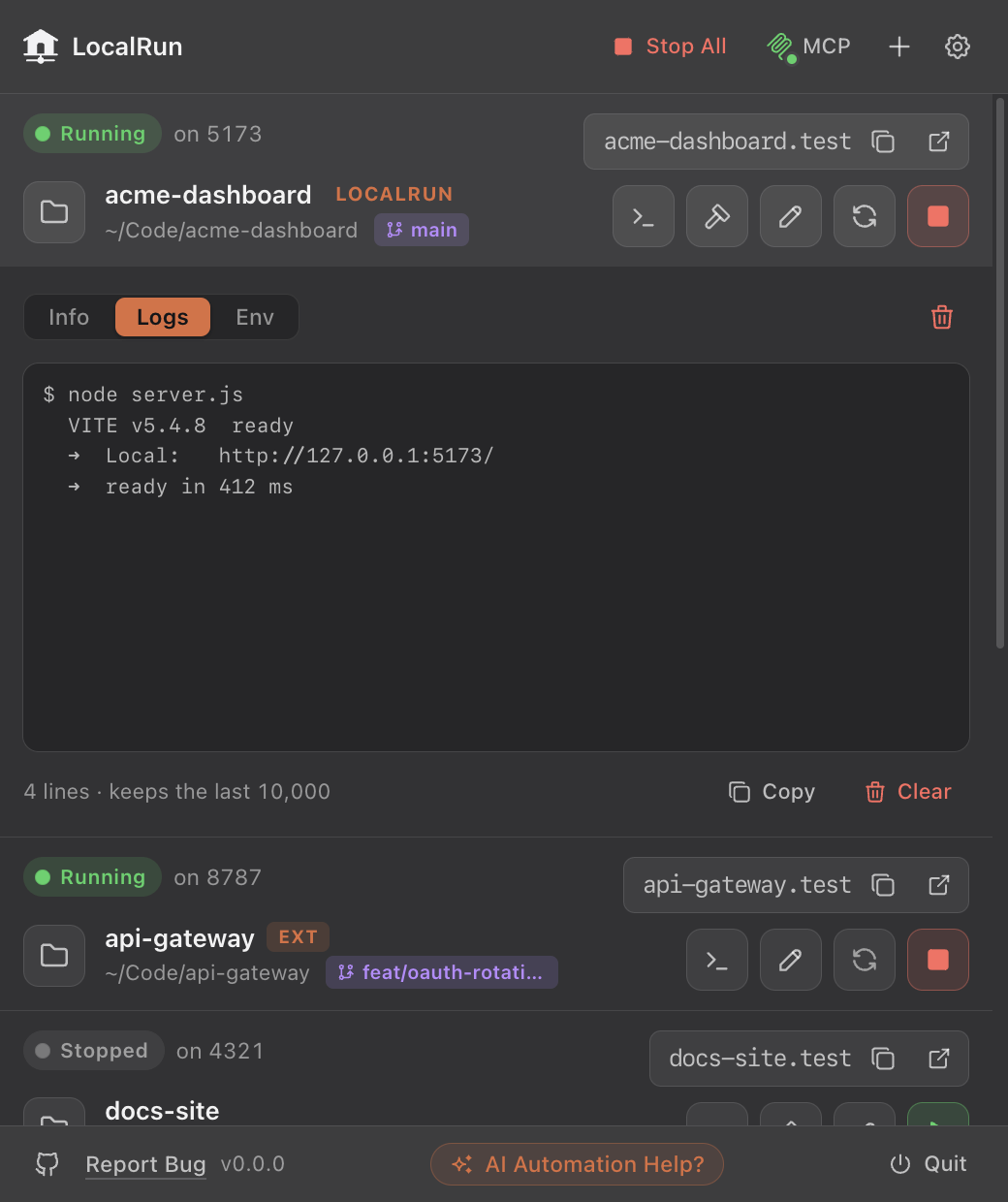 The Logs tab of an expanded project, streaming the dev server's output, with Copy and Clear controls.