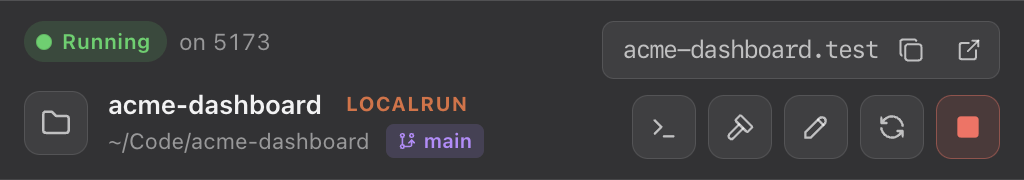 A running project row: a green Running chip, the port it proxies to, and its .test address.